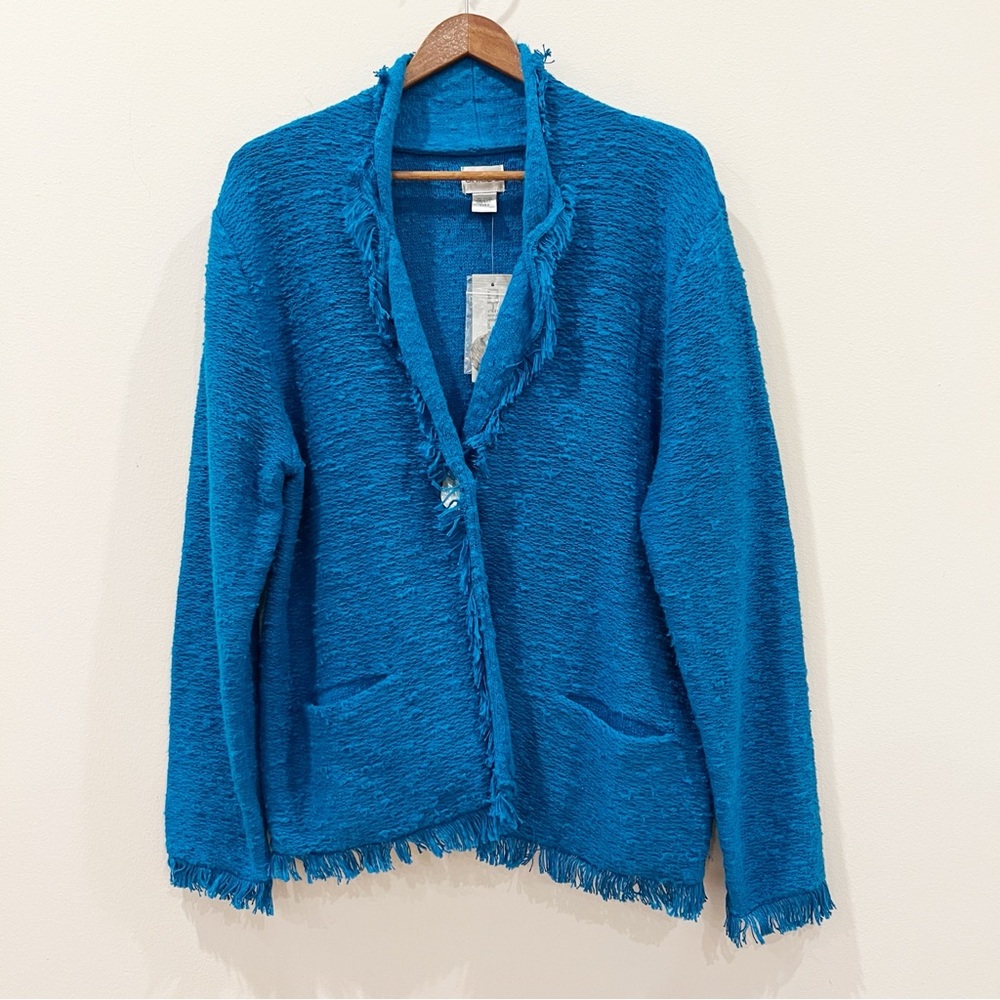 Chicos Ascott Dune Cardigan 3 XL Teal Blue Fringe Nubby Knit Stretch Jacket NEW